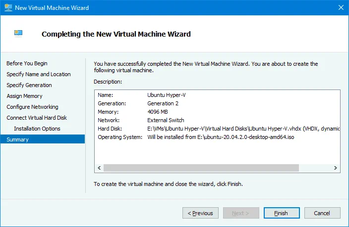 Checking the configuration summary of the new Ubuntu Hyper-V virtual machine