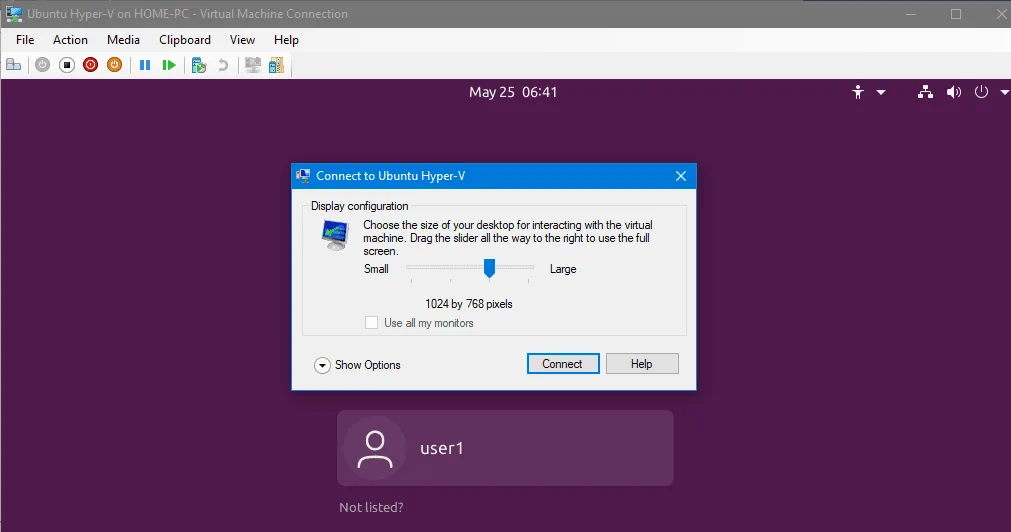 Connecting to the Ubuntu VM by using the enhanced session mode in Hyper-V