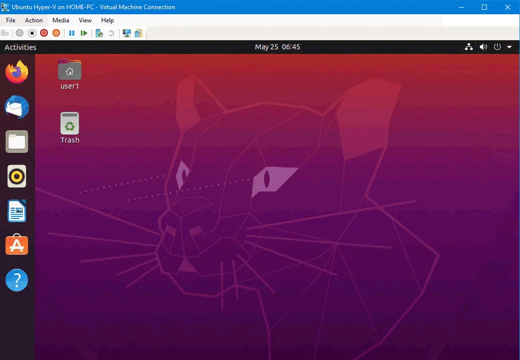 Connection to Ubuntu on Hyper-V is established in the enhanced session mode