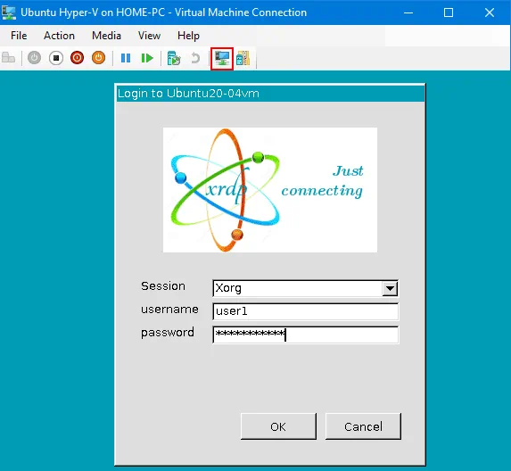 Ubuntu on Hyper-V – the enhanced session is enabled and you should enter credentials to open the Xorg session