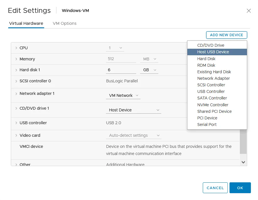 Añadir un dispositivo USB VMware a una máquina virtual