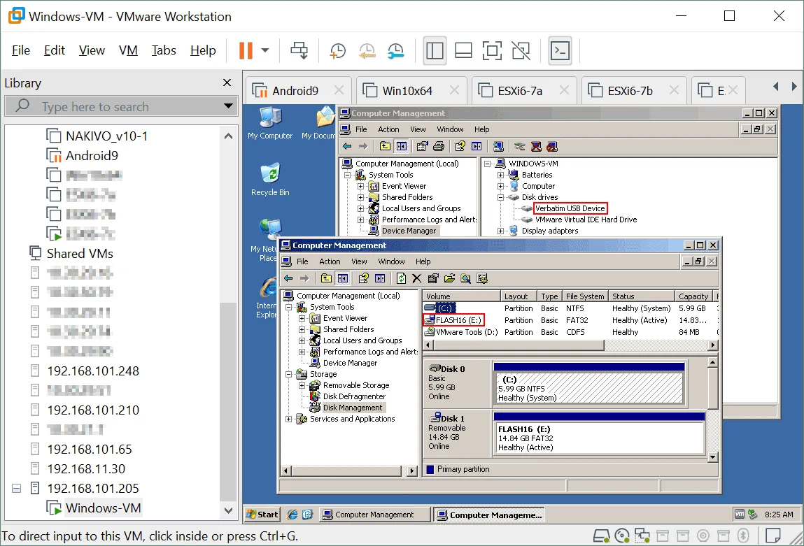 ESXi USB passthrough está funcionando y una unidad USB está conectada a una VM