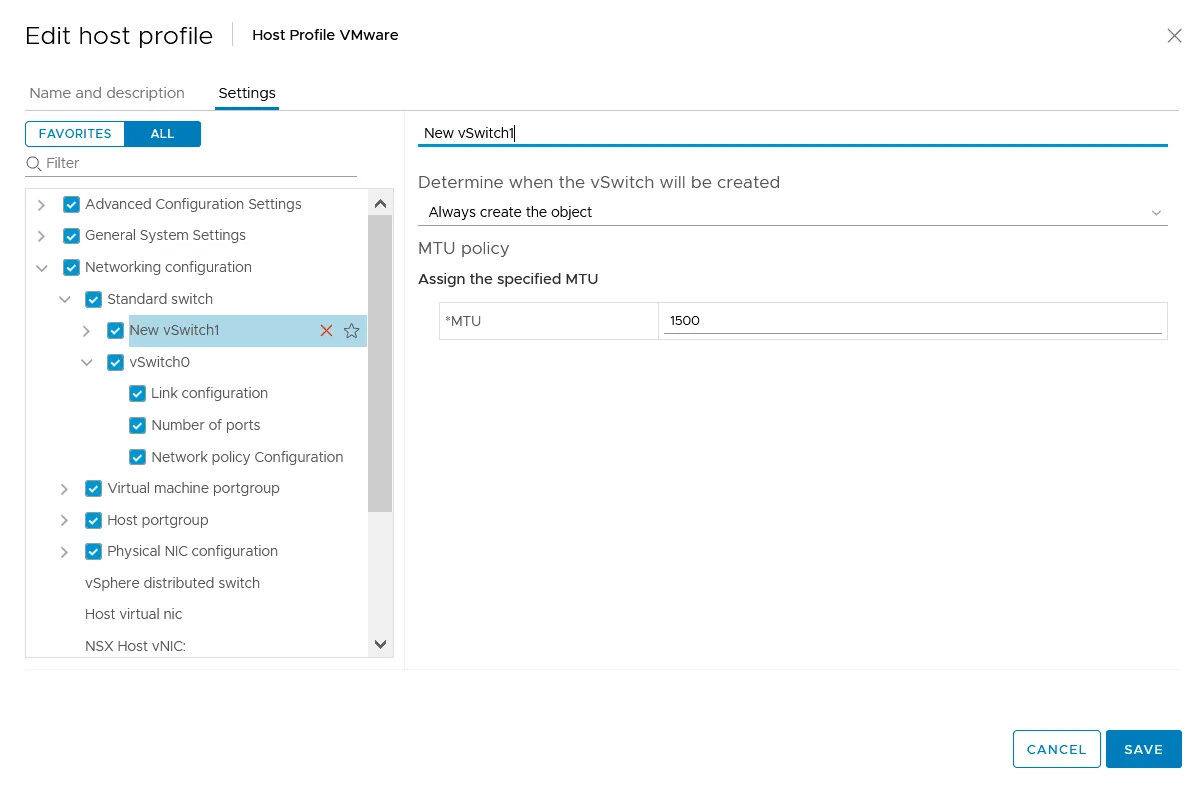 Entering a name and setting the MTU value for a virtual switch in configuration of a host profile