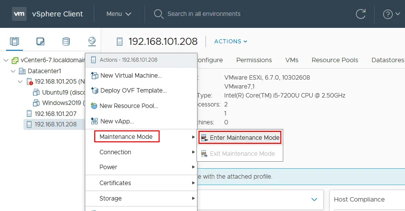 Entering the maintenance mode for an ESXi host
