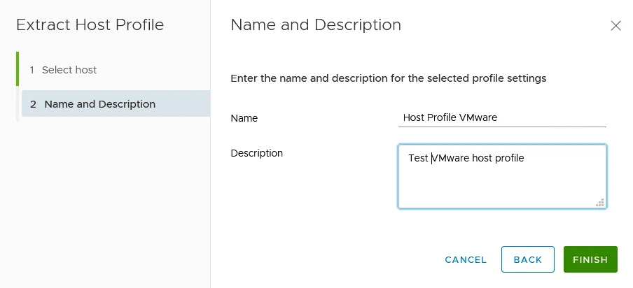 Entering the name and description for a new VMware host profile