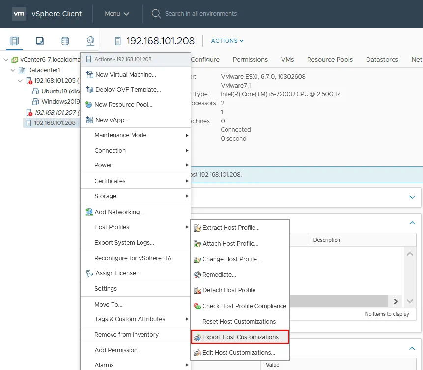 Exporting host customizations