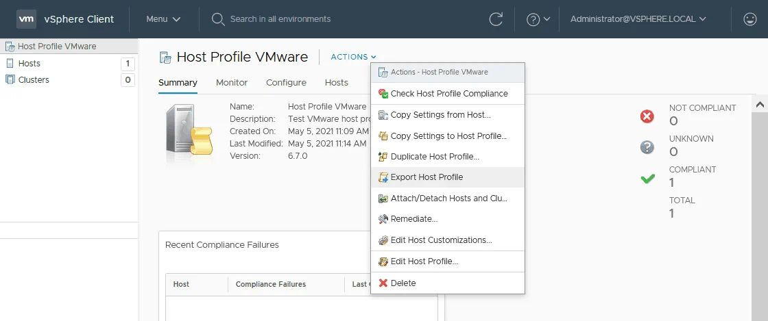 How to export a host profile in VMware vSphere Client