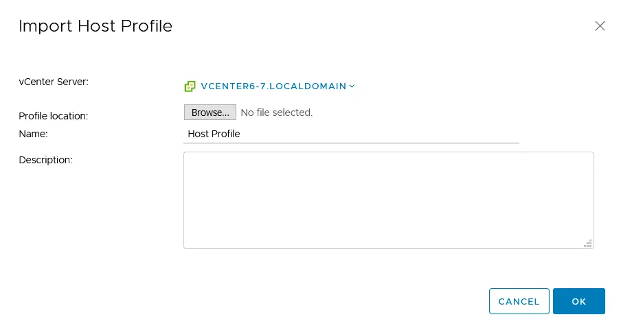 Importing a host profile to an ESXi host in VMware vSphere Client