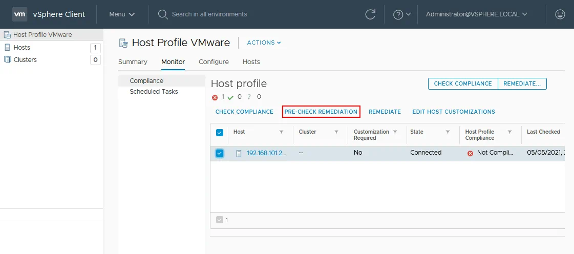 Performing pre-check remediation before applying configuration from a host profile