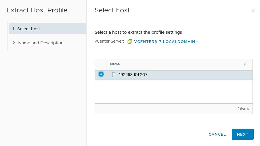 Selecting a host from which you want to extract a host profile