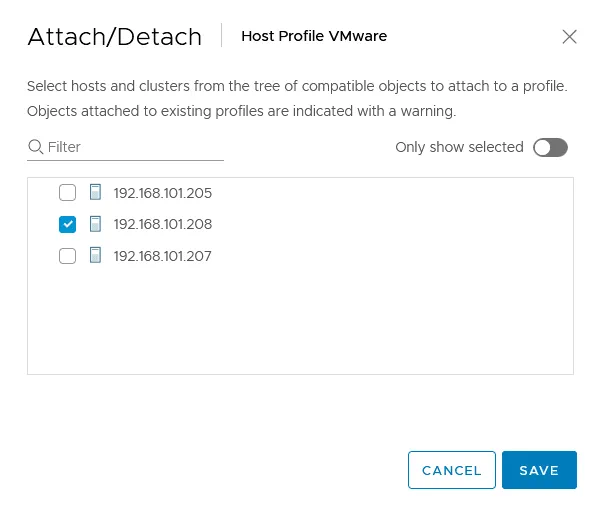 Selecting an ESXi host to which you want to attach a VMware host profile