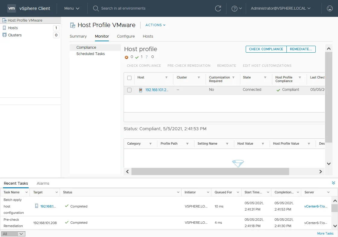The ESXi host was successfully remediated and configuration is applied to this host