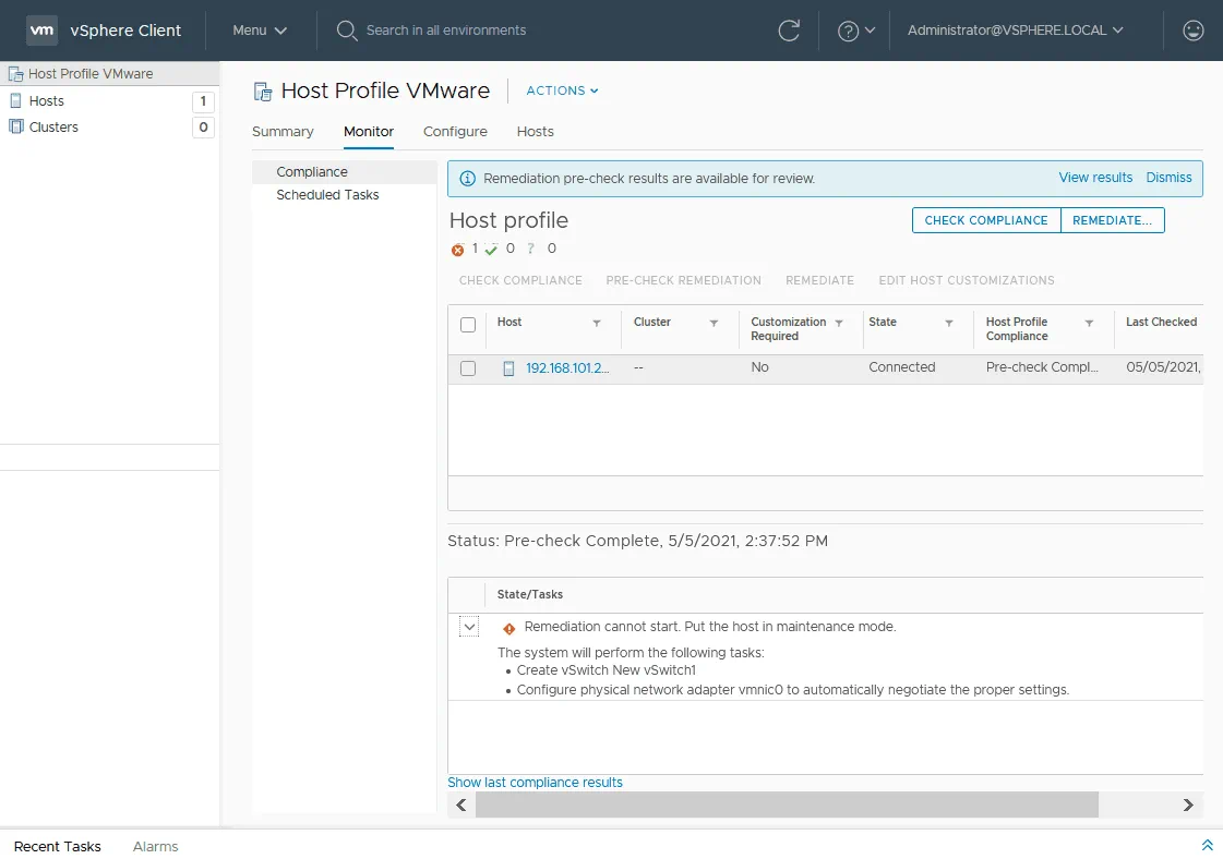 The VMware ESXi host must be put in the maintenance mode