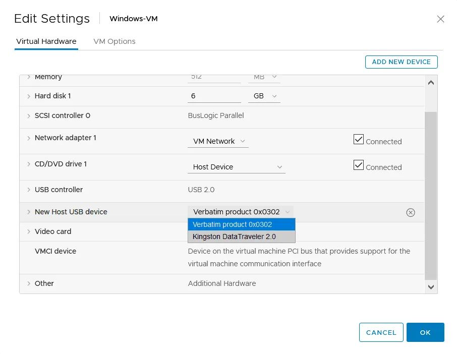 Configuración VM USB - selección de un dispositivo USB que debe conectarse a una VM