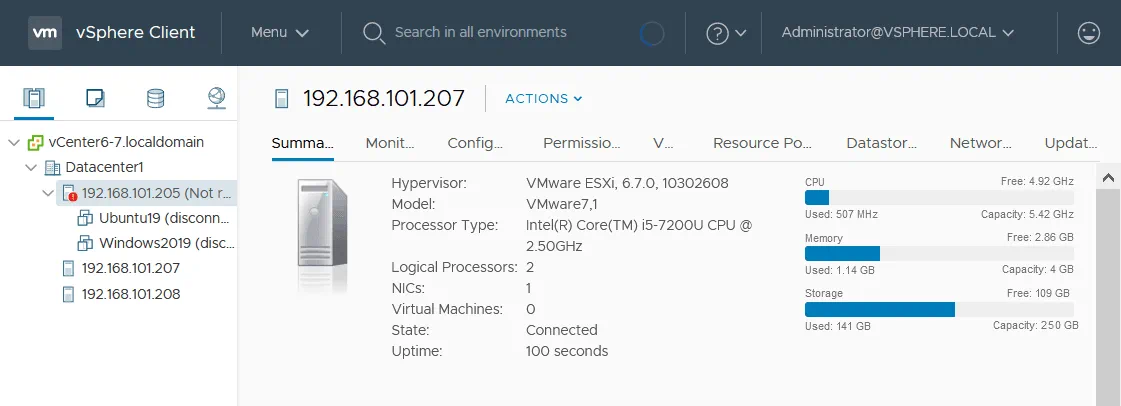 VMware ESXi hosts managed by vCenter in vSphere Client
