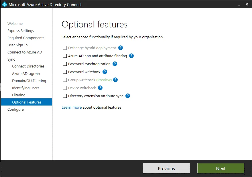 Configuring optional features to sync Office 365 with AD
