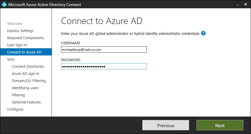 Entering credentials of the Azure AD global administrator account