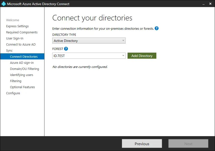 Entering required information about on-premises Active Directory to sync Office 365 with AD