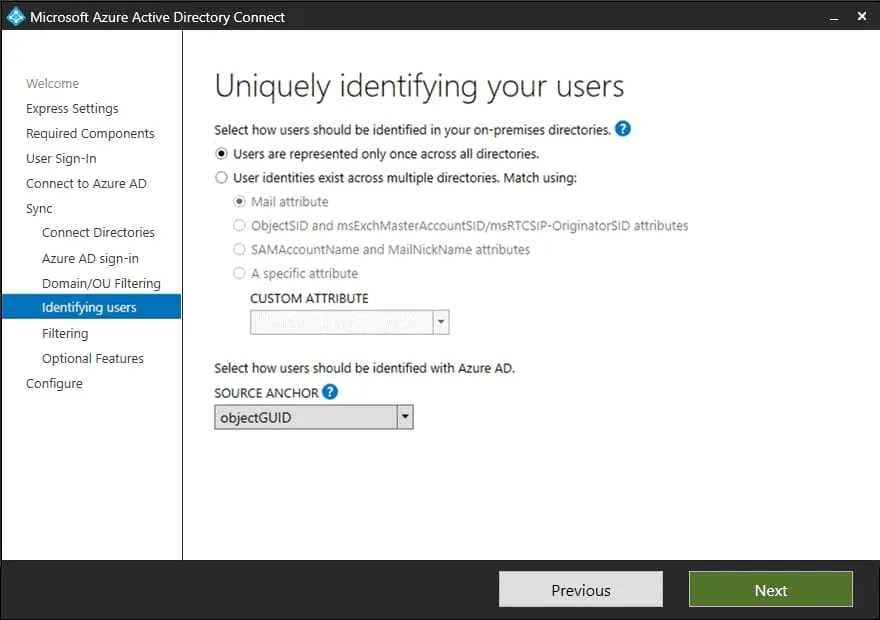 Office 365 Active Directory sync existing users – identification options