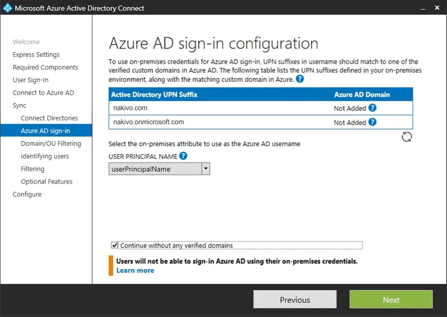 Office 365 Active Directory sync existing users – sing-in configuration