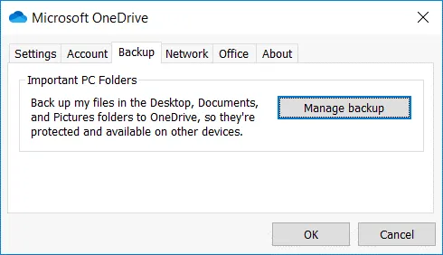 The Backup tab contains settings to sync files to OneDrive