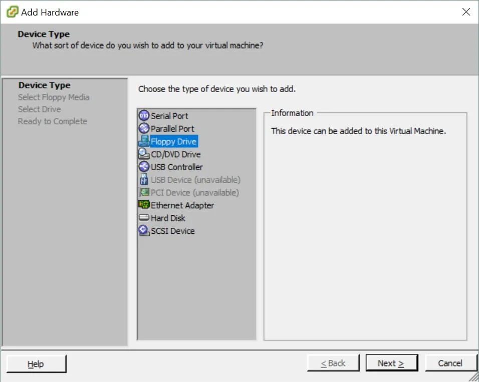 Add Hardware wizard, Device Type tab