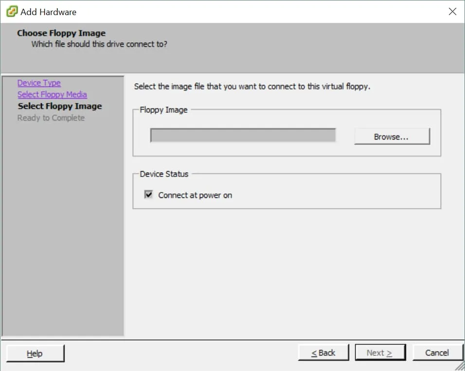 Add Hardware wizard, Select Floppy Image tab