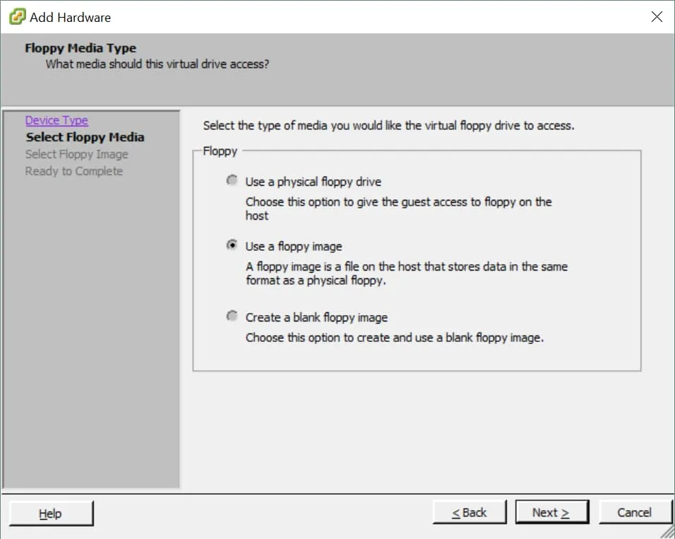 Add Hardware wizard, Select Floppy Media tab