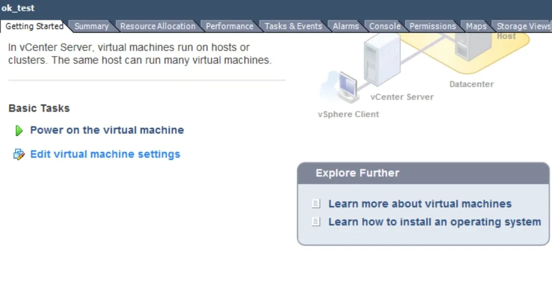 Hosts and Clusters panel in vSphere Client for Windows