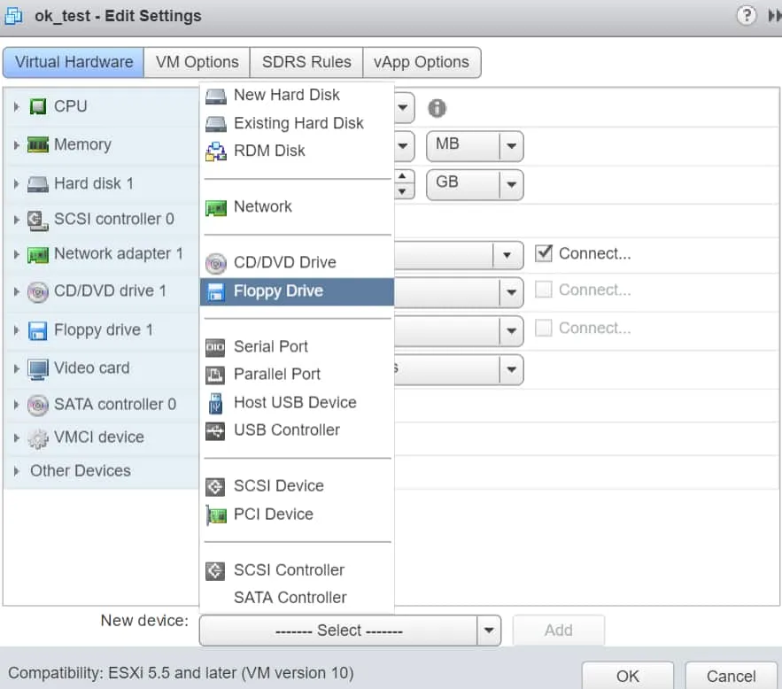 Virtual Hardware tab