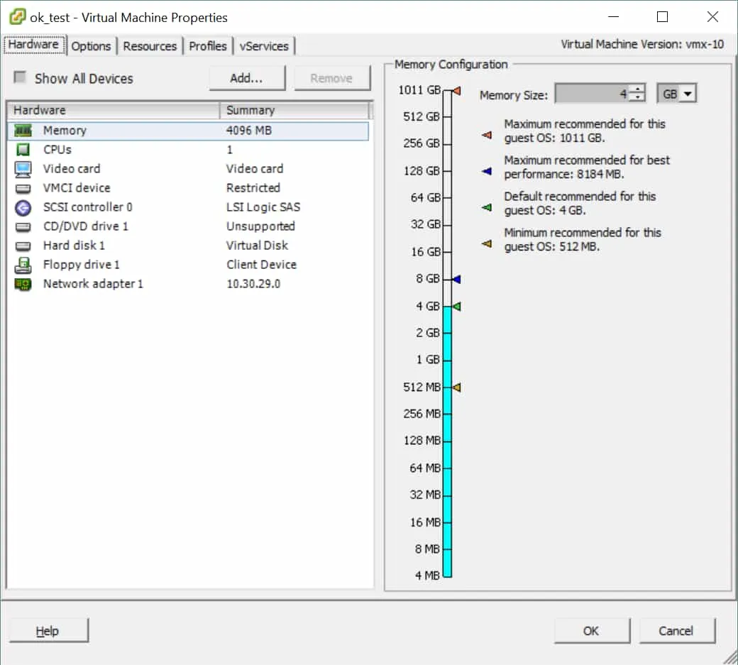 Virtual Machine Properties Hardware tab