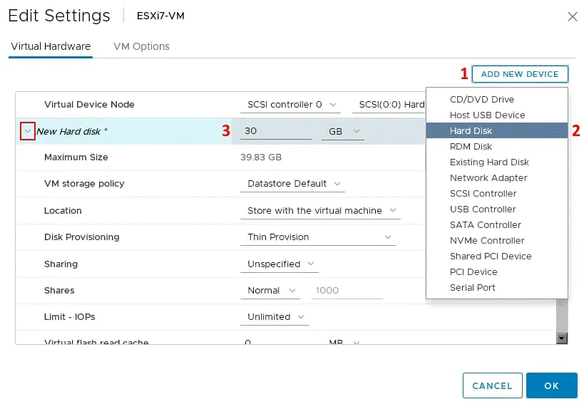 Adding a new virtual disk to create a datastore and store nested VMs