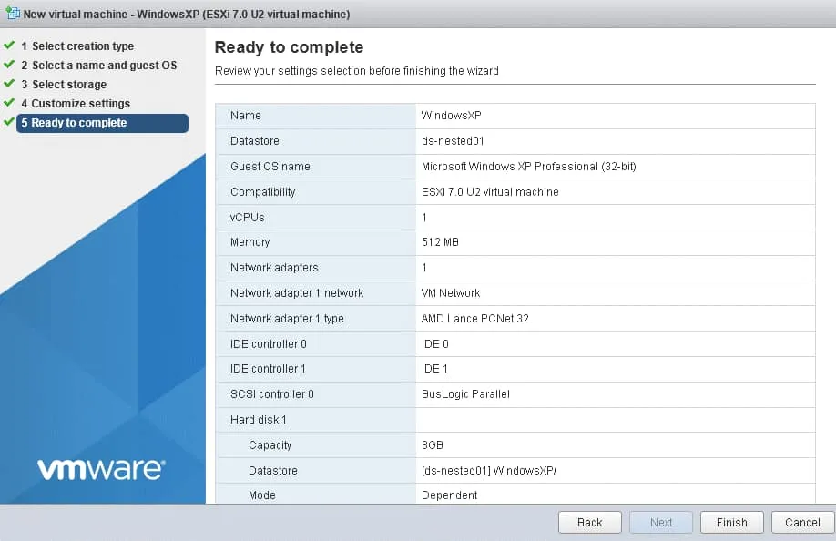 Checking the configuration summary for the new nested VM