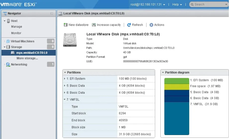 Checking the disk partition layout on ESXi 7.0.3