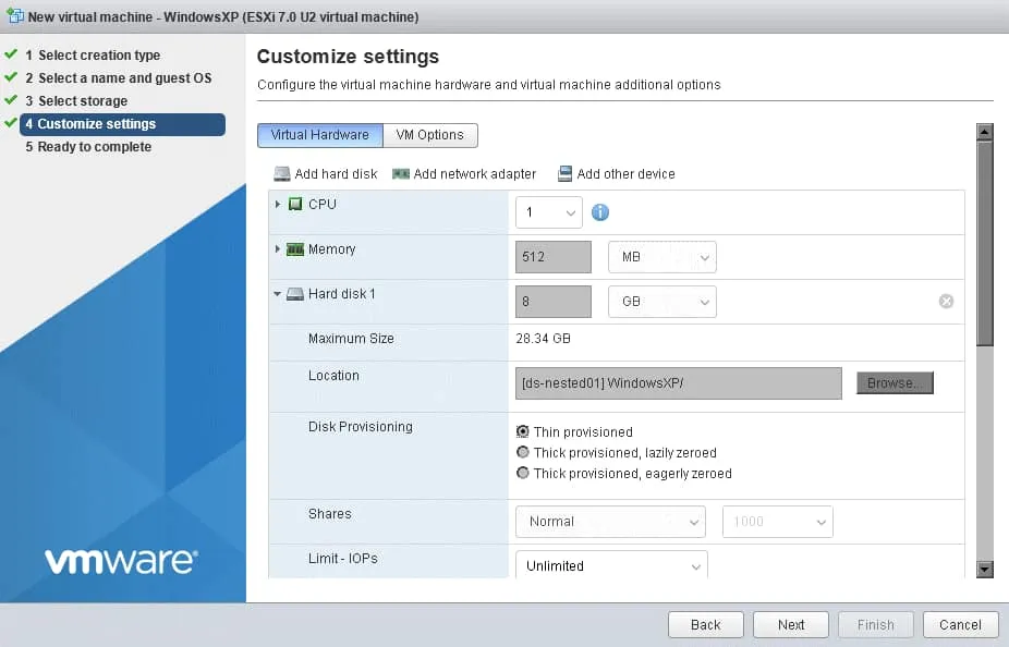 Configuring virtual hardware for a nested VM on ESXi