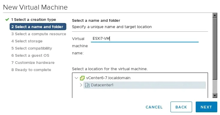 Entering a name for a VM to install a VMware hypervisor