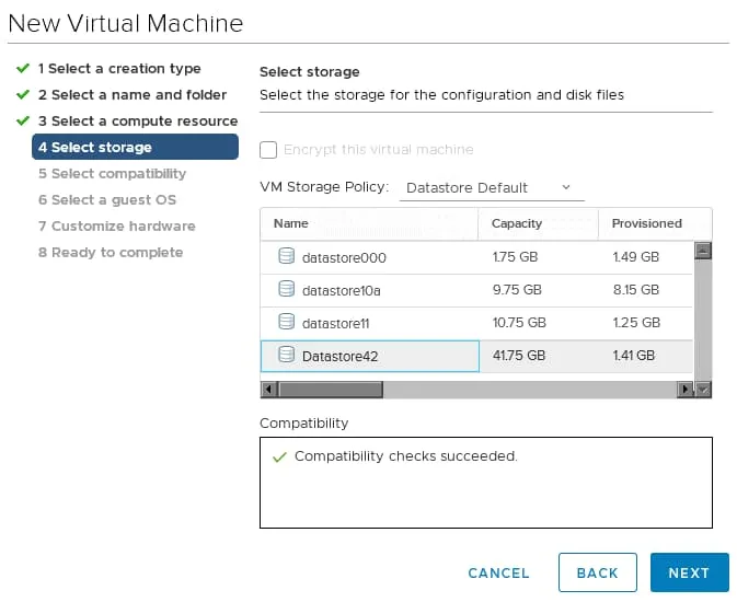 Selecting a datastore attached to a VMware hypervisor (ESXi 6.7)