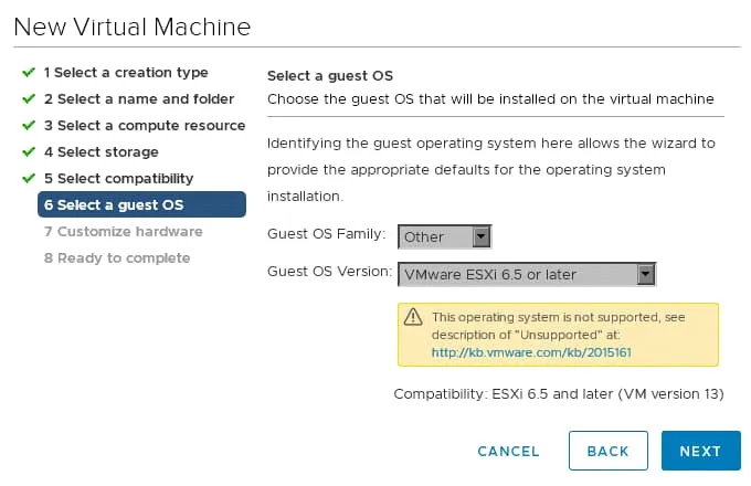 Selecting a guest OS version for an ESXi VM to be used for running nested VMs