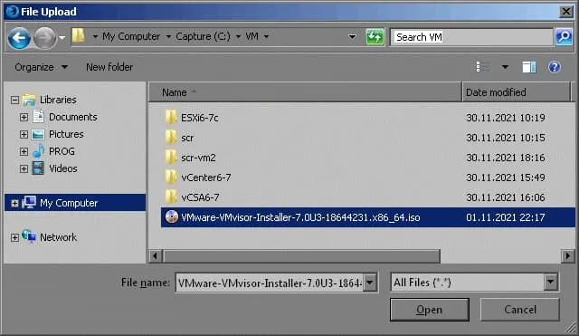 Selecting the ESXi ISO image