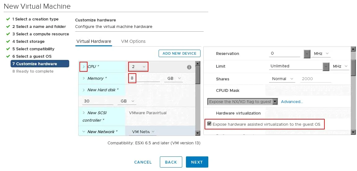 Selecting the Expose HV is required to enable nested virtualization on ESXi