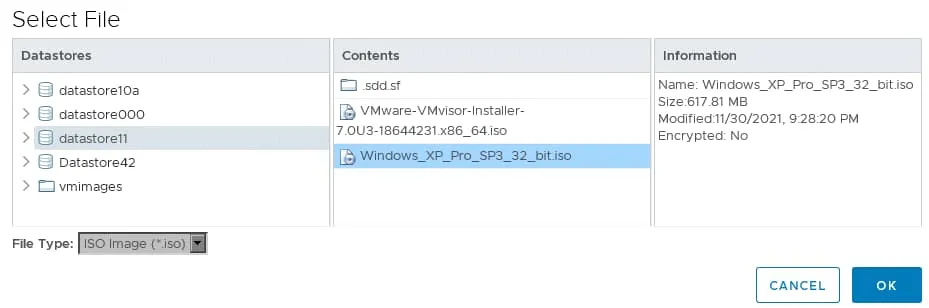 Selecting the ISO file in the datastore