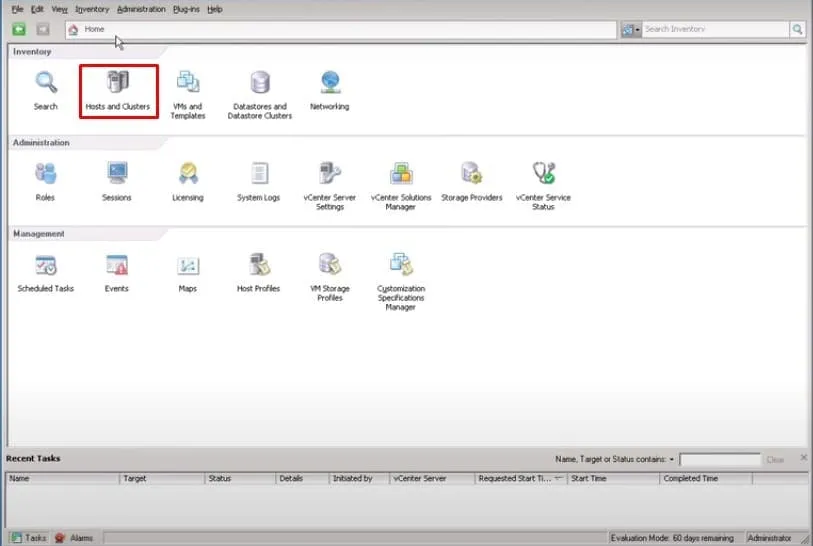 vSphere Client for Windows home screen