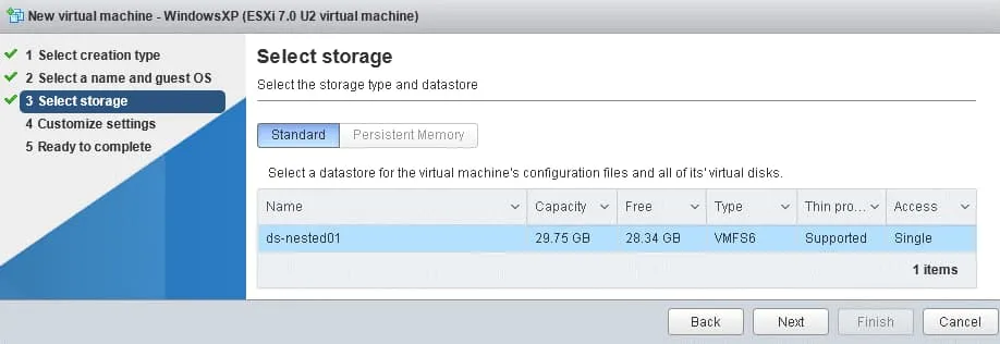 VMware nested virtualization – selecting a datastore to store files of the nested VM