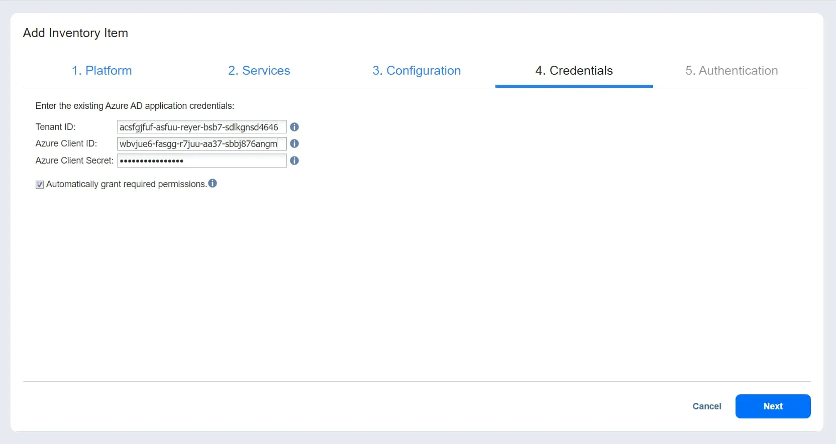 Enter the needed information on the credentials page