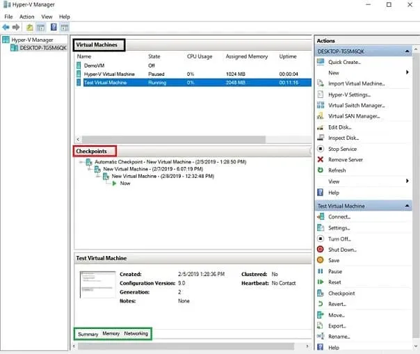 Hyper-V Manager sub-panes used to manage VMs, checkpoints, and details