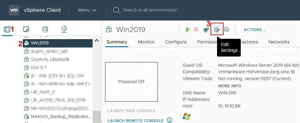 Opening VM settings in VMware vSphere Client