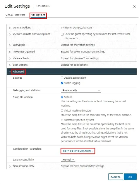 Opening advanced VM configuration