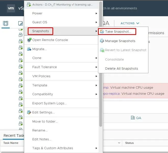 Take snapshots in vCenter