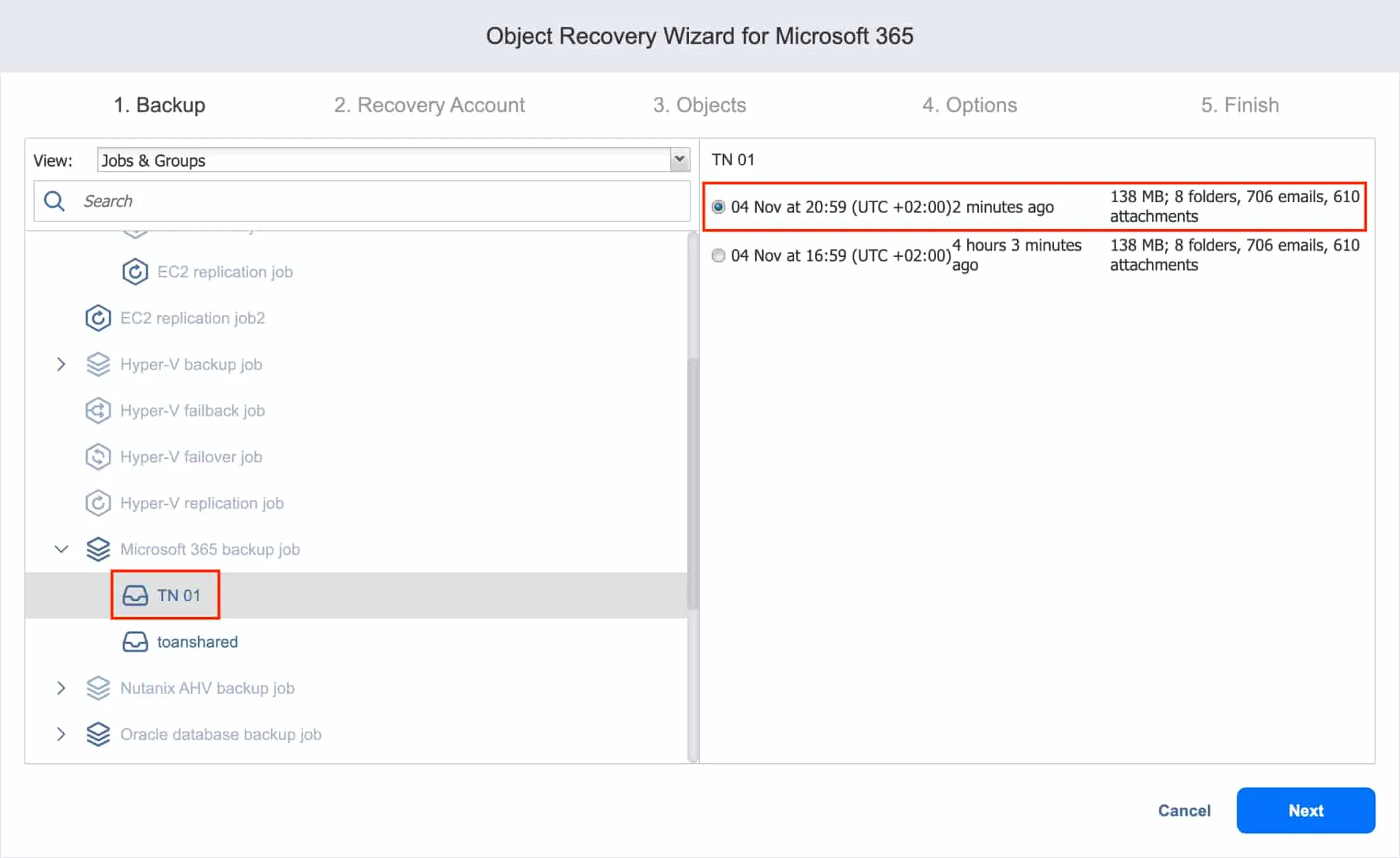backup page of the recovery wizard