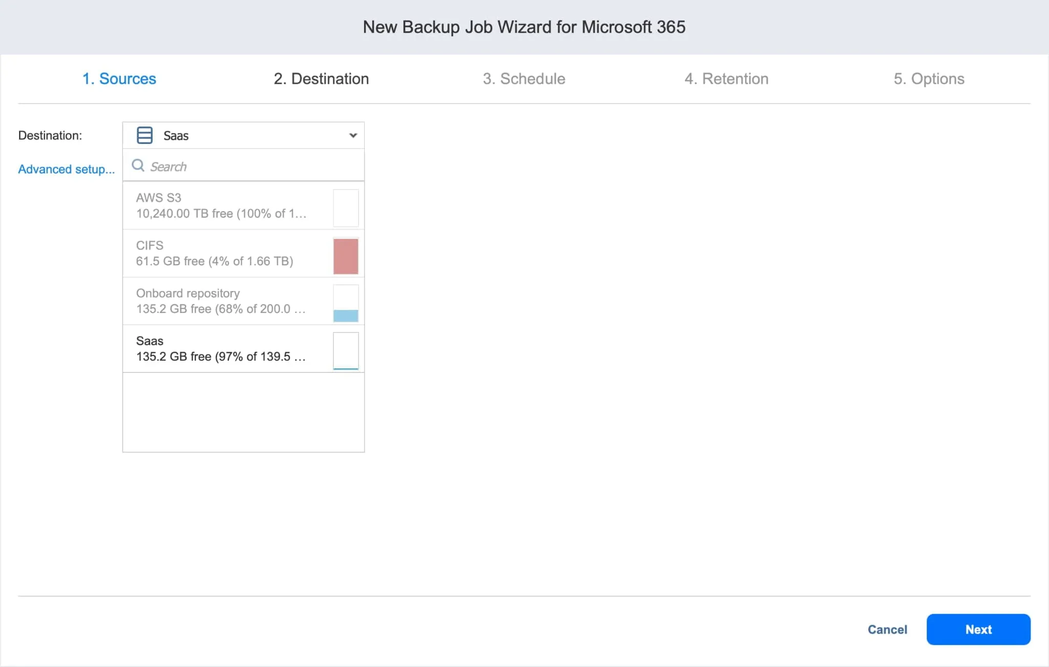 destination page in the backup job wizard